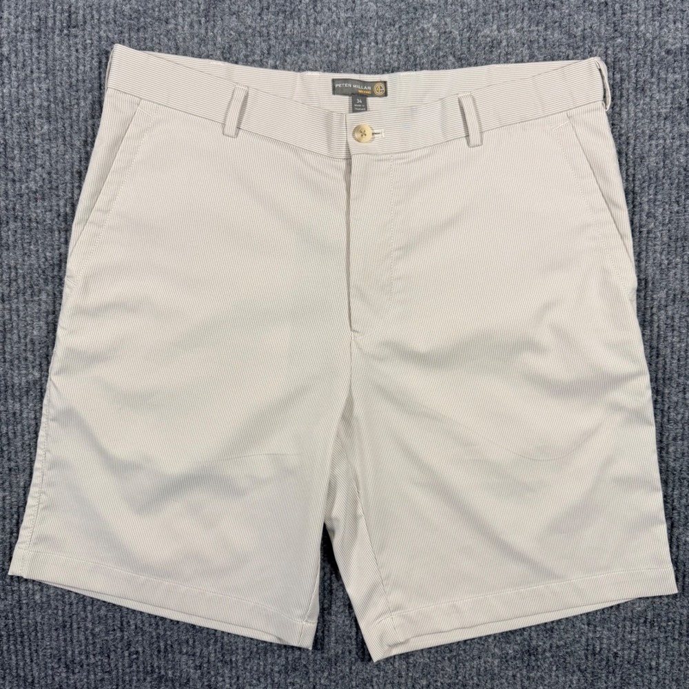 Peter Millar Crown Sport Mens 34 Wicking Micro Stripe Golf Shorts Tan White - Picture 2 of 10